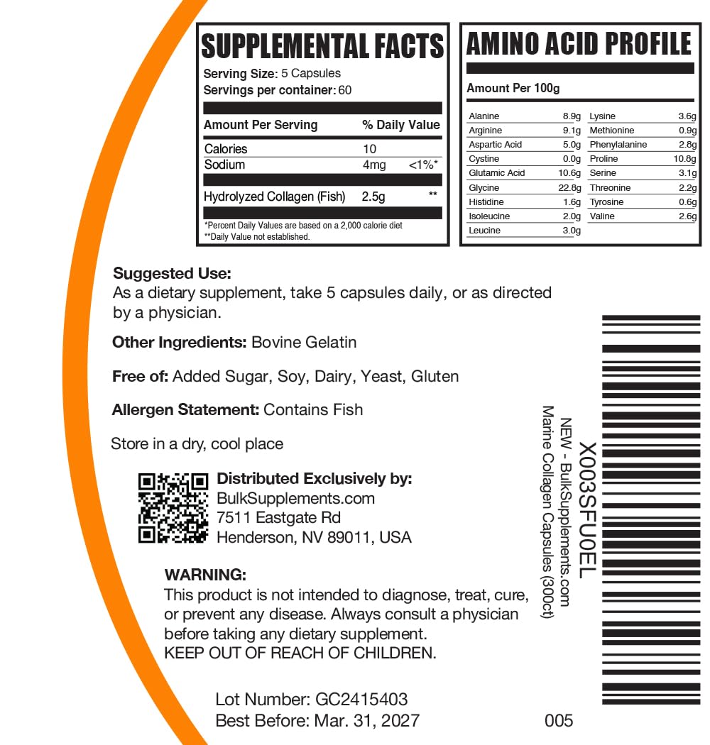 BulkSupplements.com Marine Collagen Capsules - Fish Collagen Supplement, Collagen for Women & Men - Hydrolyzed Collagen, Gluten Free, 5 Capsules per Serving, 300 Capsules (Pack of 1) BulkSupplements buy supplements Au