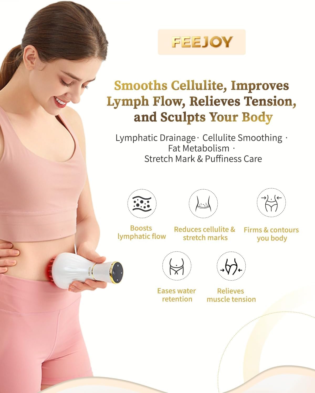 FEEJOY Lymphatic Drainage Massager & Massage Tool, Body Sculpting Machine & Fascia Blaster for Cellulite with Microcurrent, Light, Heat & Vibration, for Legs, Arms & Belly (White) FEEJOY buy supplements Au
