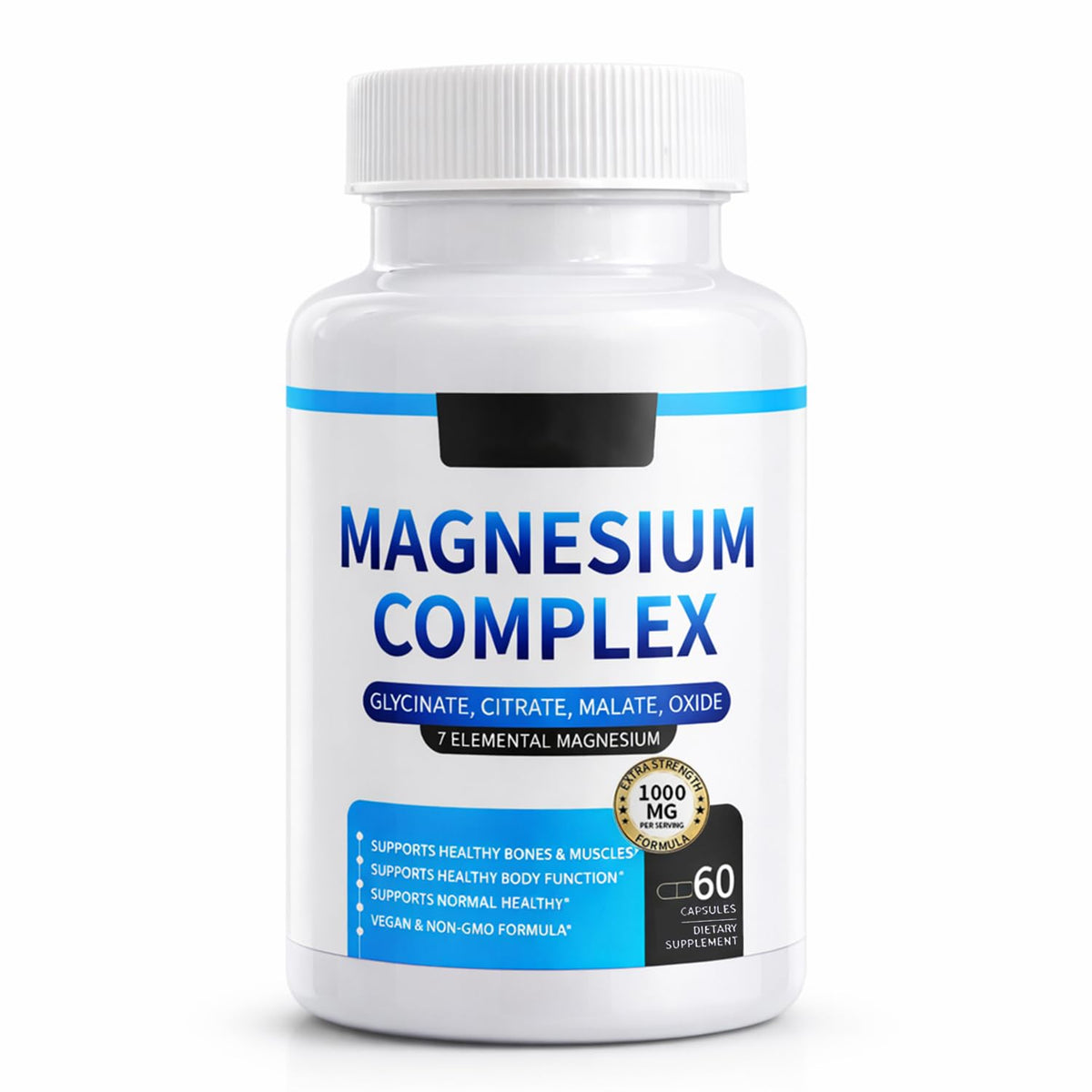 Bottle of magnesium complex supplement on a white background