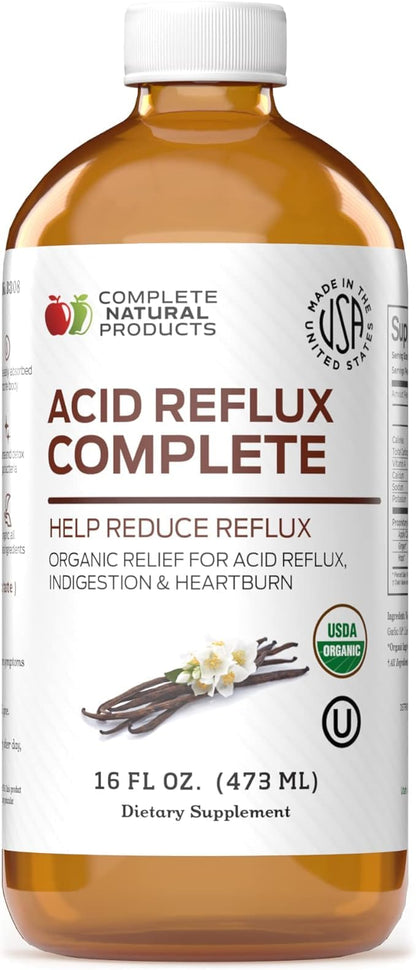 Bottle of 'Acid Reflux Complete' dietary supplement with a white label.