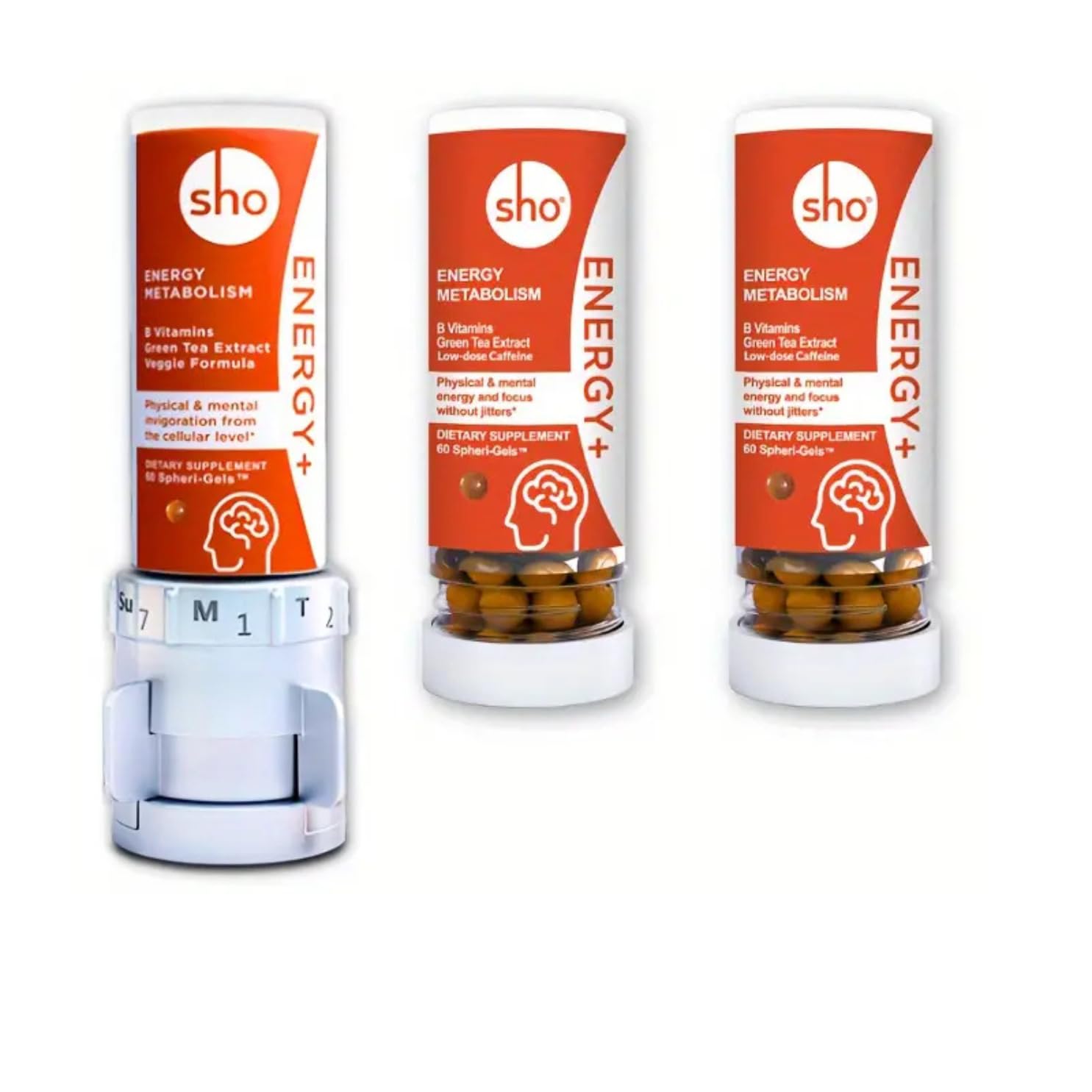 Three bottles of sho Energy+ dietary supplements on a white background