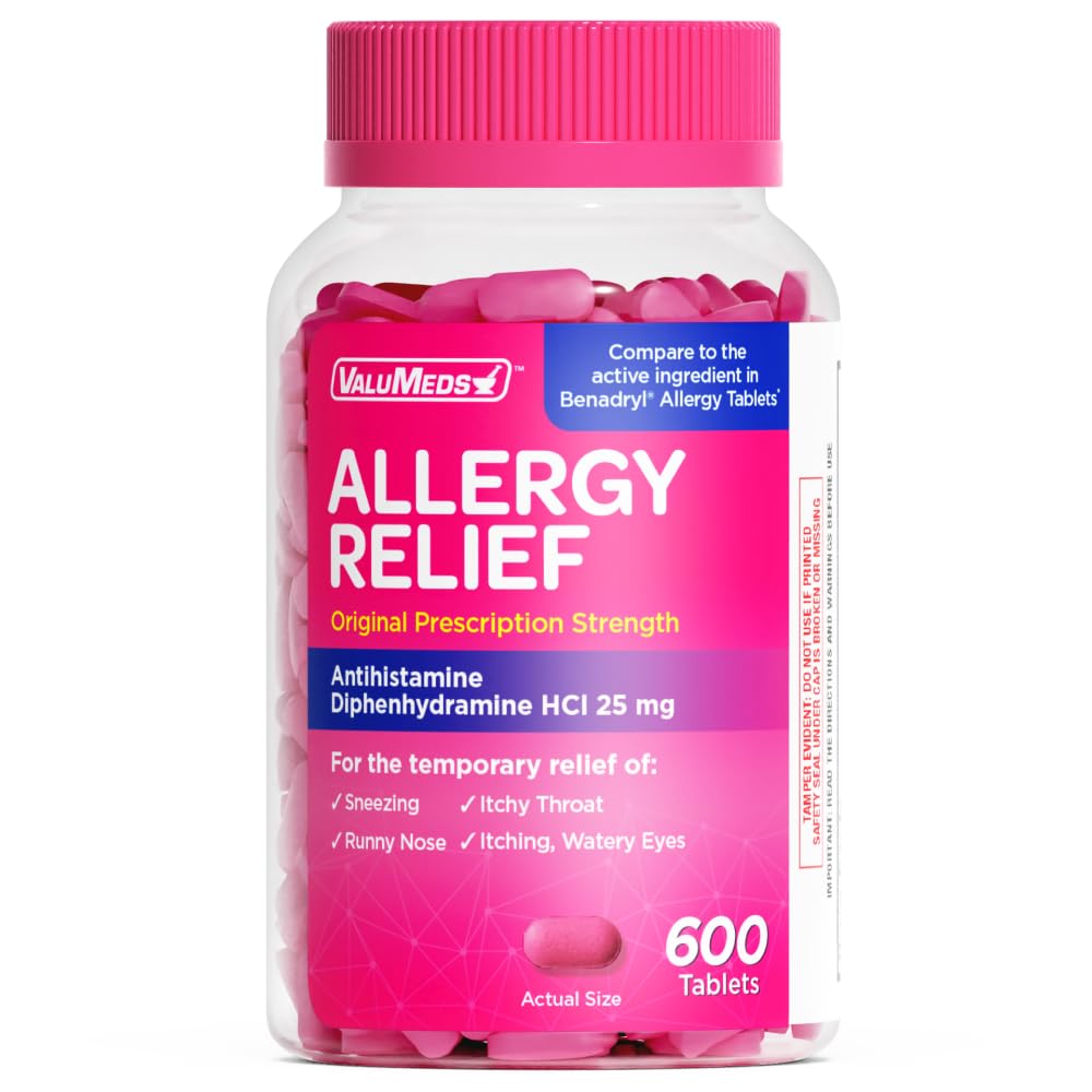 ValuMeds Allergy Medicine Antihistamine, Diphenhydramine HCl 25 mg | Children and Adults | Relieve Itchy Eyes, Runny Nose, Sneezing (25 mg, 600 Count) ValuMeds buy supplements Au