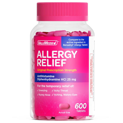 ValuMeds Allergy Medicine Antihistamine, Diphenhydramine HCl 25 mg | Children and Adults | Relieve Itchy Eyes, Runny Nose, Sneezing (25 mg, 600 Count) ValuMeds buy supplements Au
