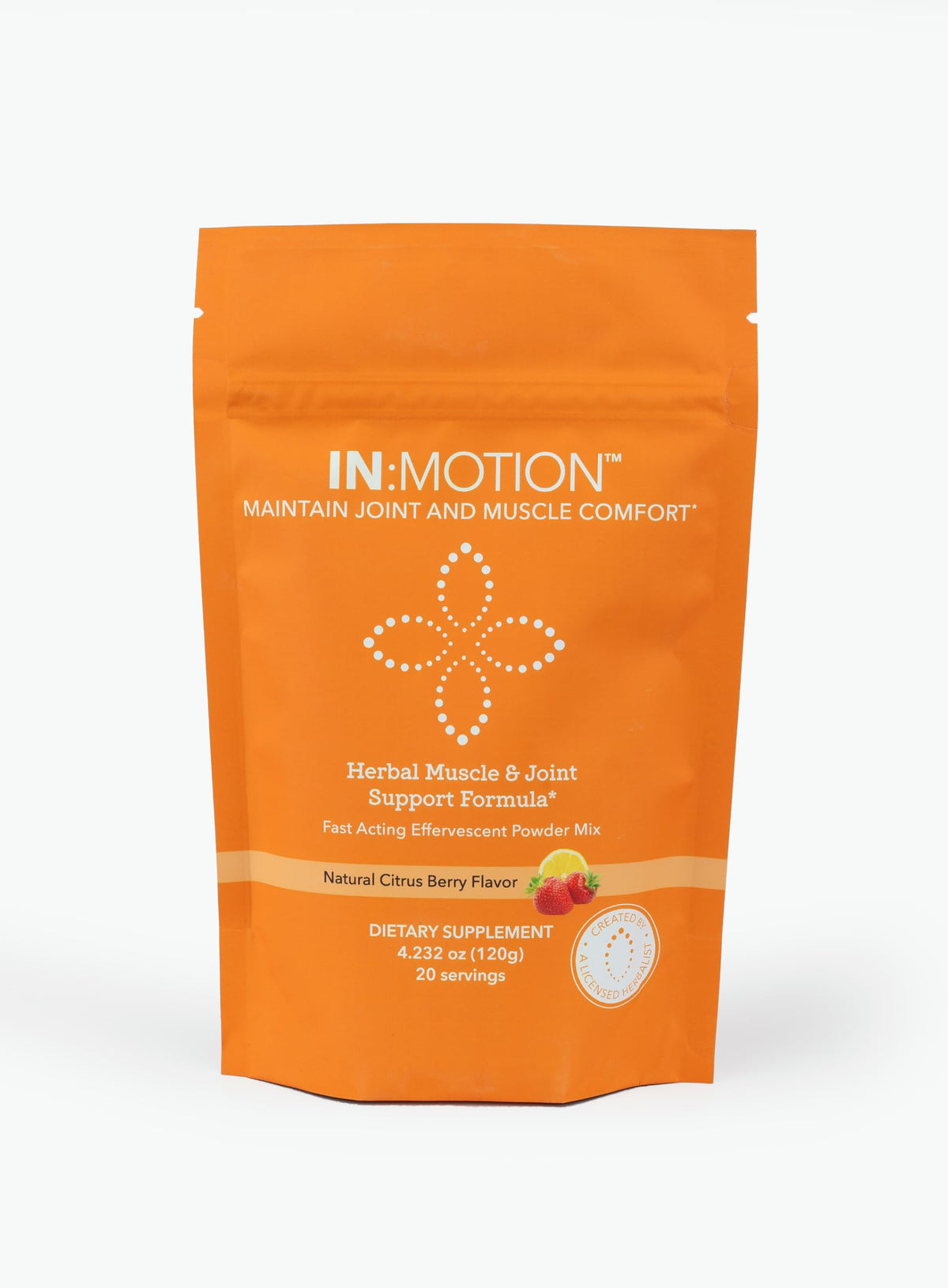 Orange package of IN:Motion herbal muscle and joint support formula on a white background
