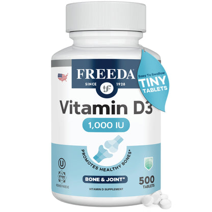 FREEDA Vitamin D3-1000 IU - Pure High Potency Kosher Supplement Tablets - Bone and Muscle Health, Calcium Absorption, Immune Support for Men and Women* - 100 Count | Supports Bone, Muscle & Immune Health – Helps Calcium Absorption – Easy-to-Swallow Tiny T