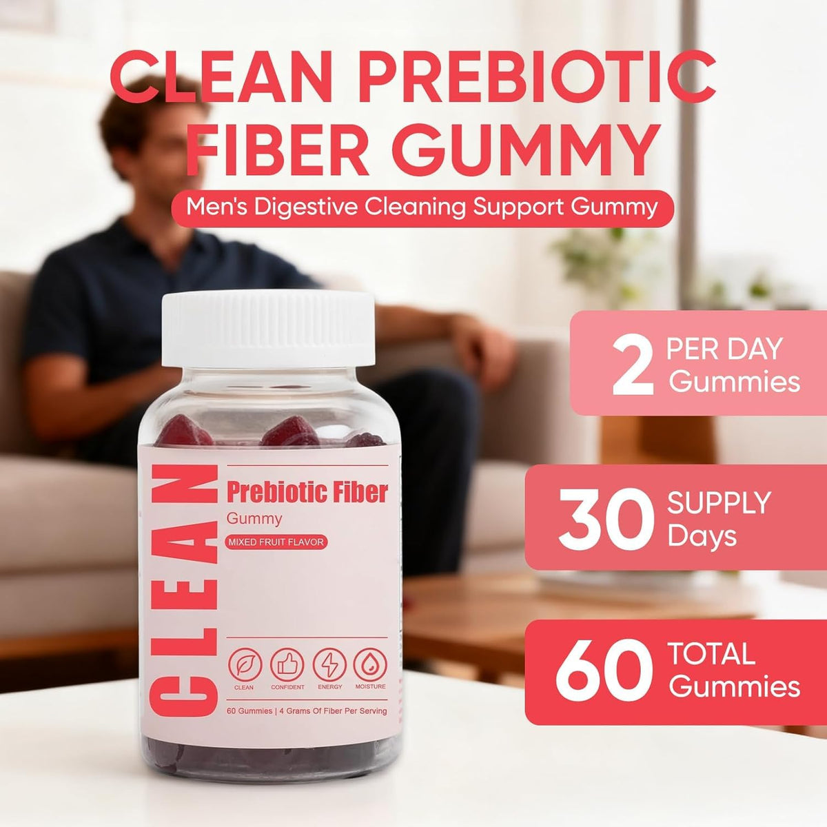 6525080 Clean Prebiotic Fiber Gummy, Clean Fiber Gummies for Men, Men Prebiotic Supplement for Digestive Gut Health, Non-GMO, 60 Gummies - PrimeBioHealth - canada supplements