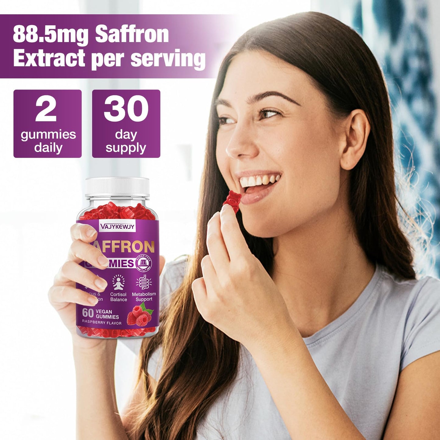 VAJYKEWJY Saffron Gummies (88.5 mg) with Magnesium — Enhanced with St. John’s Wort, Rhodiola, Ashwagandha & Vitamins B6, B12, D3 for Mood & Focus Support — 60 Count VAJYKEWJYBuy Supplements Australia
