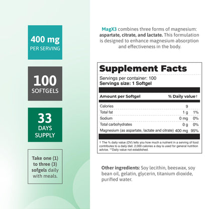 Magnesium Citrate Complex 400 mg – Triple Magnesium with Citrate, Aspartate & Lactate – High Absorption – 100 Softgels Nutra Nutrition buy supplements Au