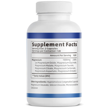 1000mg Magnesium Complex Capsules, 8-in-1 Magnesium Glycinate, Citrate, Malate, Taurate, Oxide, Carbonate, Aspartate, Orotate - 240 Capsules