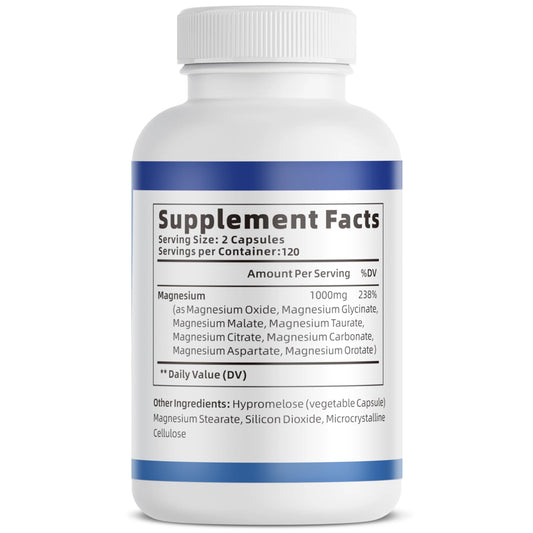 1000mg Magnesium Complex Capsules, 8-in-1 Magnesium Glycinate, Citrate, Malate, Taurate, Oxide, Carbonate, Aspartate, Orotate - 240 Capsules