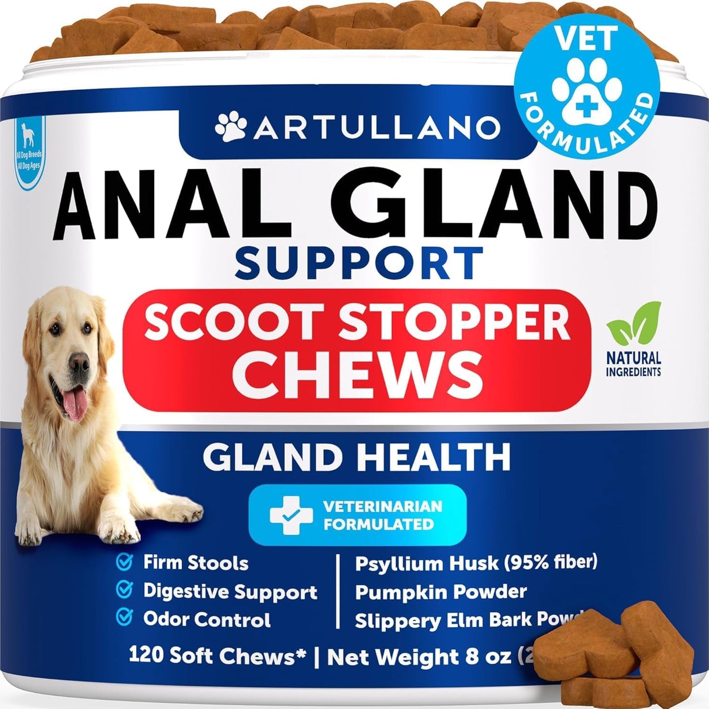 Anal Gland Support Chews for Dogs - Fiber Blend with Pumpkin, Psyllium, Slippery Elm, Digestive Enzyme - Supplement for Gut, Anal Gland Health, Stool Quality -120
