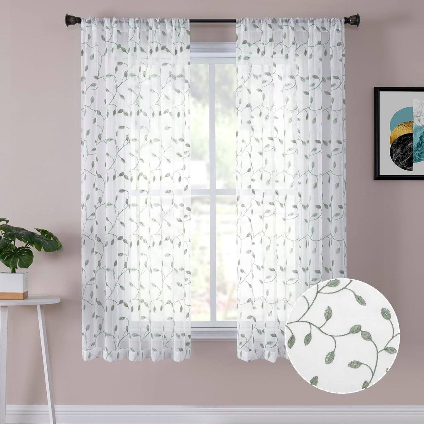 Tollpiz Leaves Short Sheer Curtains Sage Green Leaf Embroidery Bedroom Curtain Rod Pocket Voile Faux Linen Embroidered