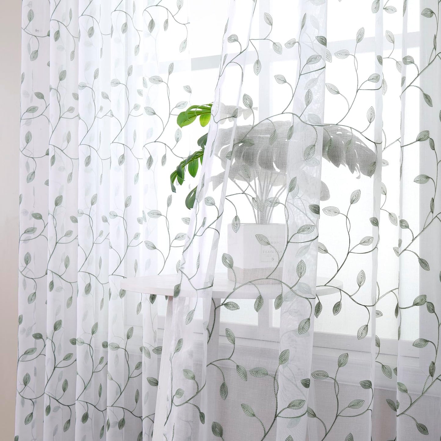 Tollpiz Leaves Short Sheer Curtains Sage Green Leaf Embroidery Bedroom Curtain Rod Pocket Voile Faux Linen Embroidered