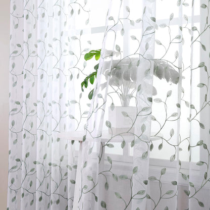 Tollpiz Leaves Short Sheer Curtains Sage Green Leaf Embroidery Bedroom Curtain Rod Pocket Voile Faux Linen Embroidered