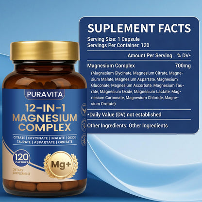 Puravita Magnesium Complex - Puravita 12 in 1 Magnesium Supplement with Glycinate, Citrate, Malate, Oxide, Taurat & More for Muscle, Nerve & Sleep Support, 120 Count PURAVITA buy supplements Au