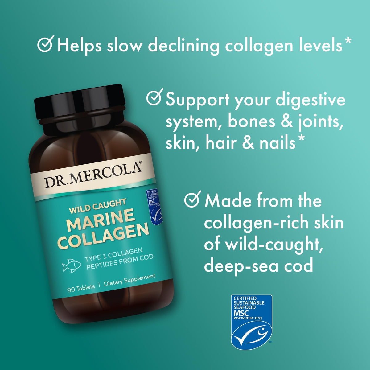 Dr. Mercola Marine Collagen - Supports Skin & Connective Tissue Health - Type I Collagen Peptides - MSC Certified Wild-Caught Cod - 90 Tablets Dr. Mercola buy supplements Au