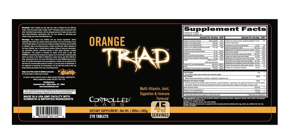 CONTROLLED LABS Orange Triad Daily Multivitamin, Iron Free Sports Supplement for Workout, Digestion, Immune, and Joints, 45 serv - Tablets (270 Count (Pack of 1)) CONTROLLED LABSBuy Supplements Australia