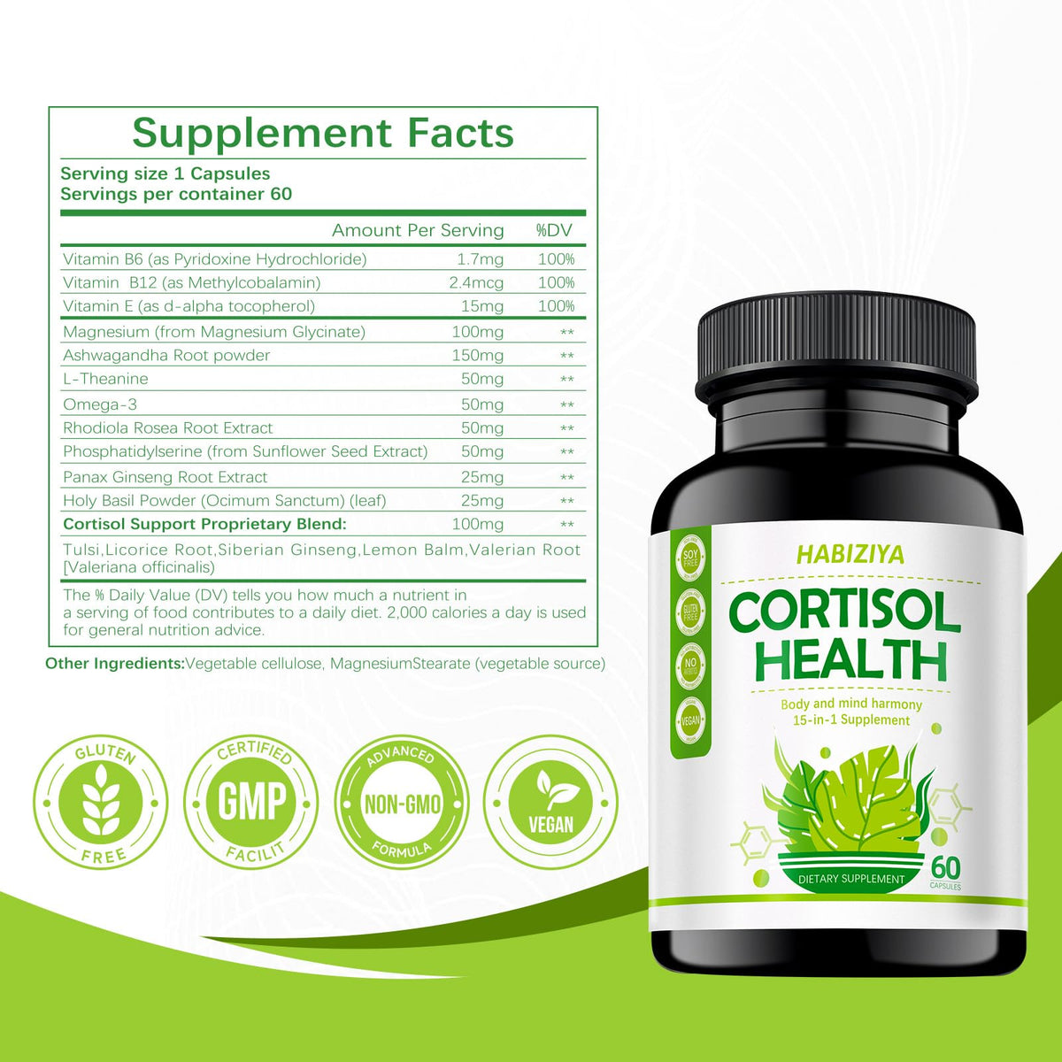 HABIZIYA Cortisol Support Supplement with Magnesium Glycinate, L-Theanine, Ashwagandha, Phosphatidylserine,Rhodiola Rosea 15-in-1 Hormone Balance for Women Men Mood, Focus, Sleep Support 60 Capsules HABIZIYABuy Supplements Australia