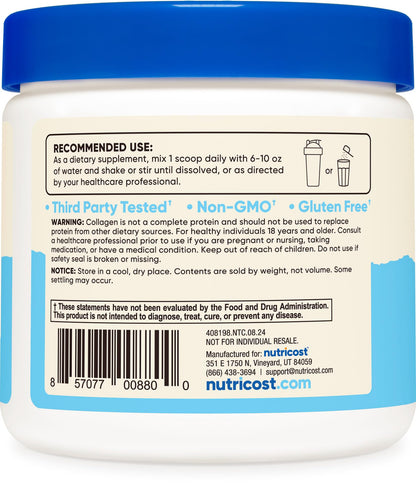 Nutricost Collagen Peptides Powder 1LB (454 G) - Grass Fed Bovine Collagen Hydrolysate (Unflavored)