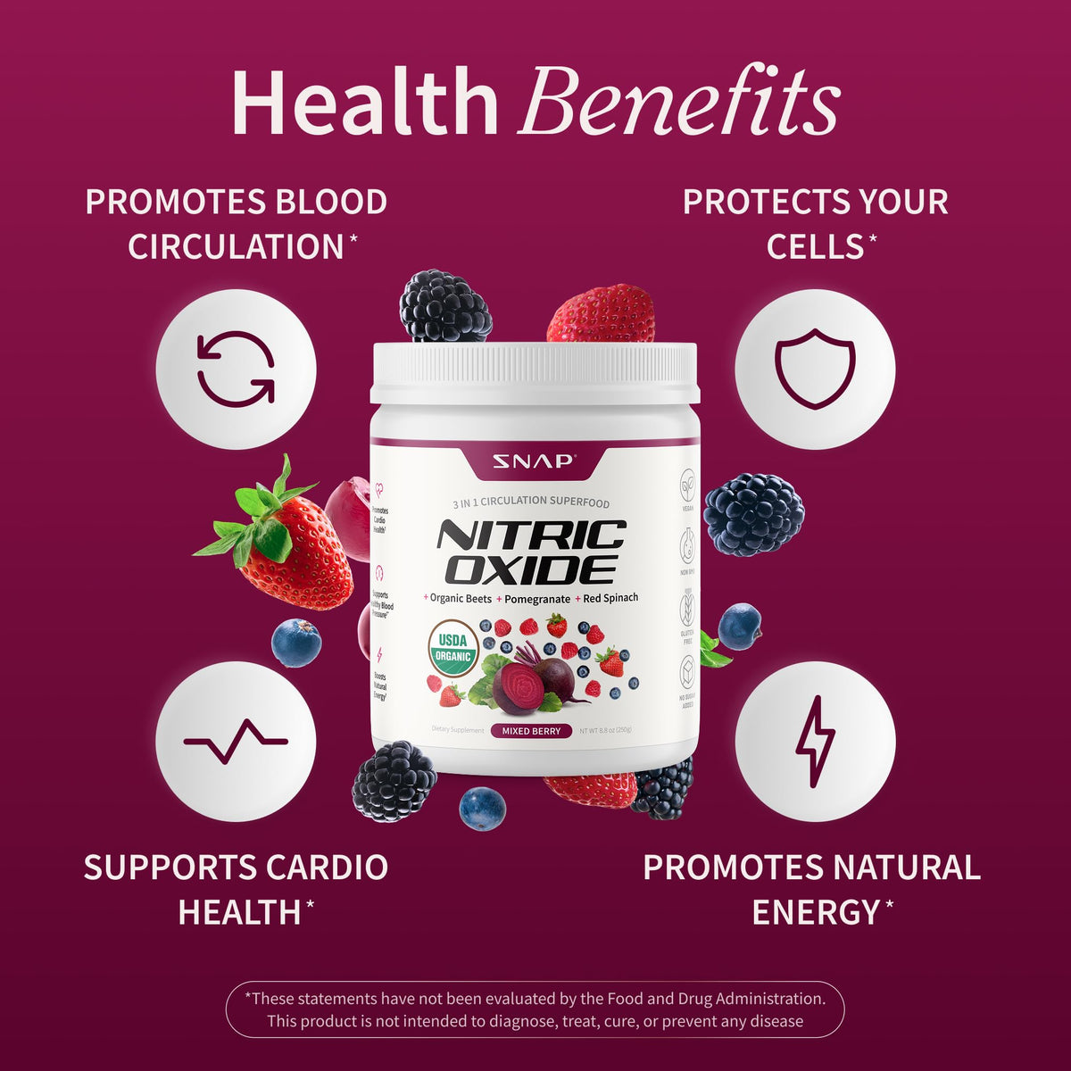 Snap Supplements Organic Beet Root Powder Nitric Oxide Supplement for Men & Women, Red Spinach & Pomegranate, Supports Healthy Energy & Blood Pressure Already in Normal Range, 30 Servings, Mixed Berry Snap Supplements buy supplements Au