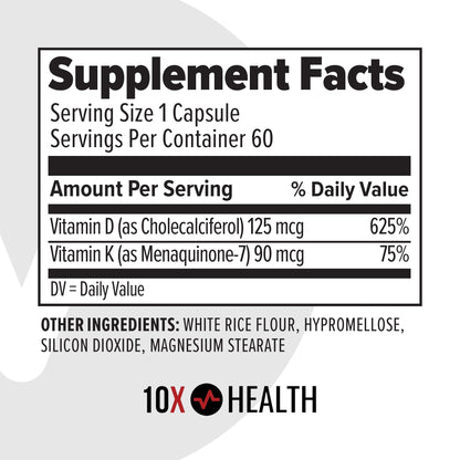 10X Health Vitamin D3 5000 IU & K2 MK7 - Menaquinone 7, High-Potency D3 K2 Vitamin Supplement for Bone Health, Heart and Teeth - 125 mcg Vitamin D & 90 mcg Vitamin K2-60 Capsules 10X Health System buy supplements Au