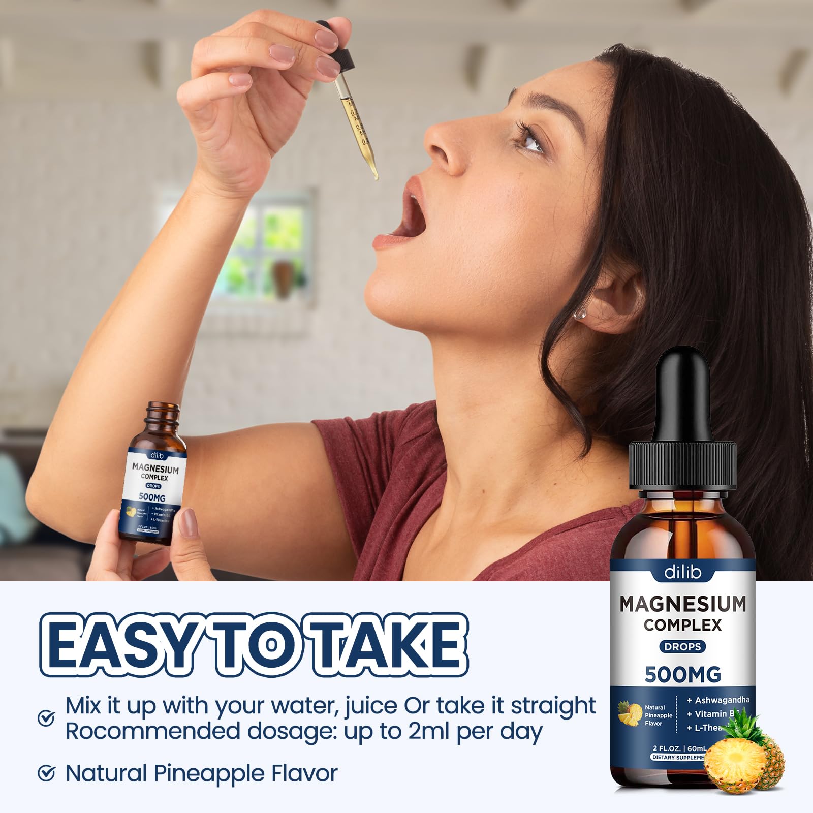 Triple Magnesium Complex Supplement-Magnesium Glycinate, Citrate, Malate Liquid Drops 500mg with Ashwagandha, L-Theanine, Vitamin B6 for Calm, Stress Relief, Sleep, Muscle Support-Pineapple Flavor dilib buy supplements Au