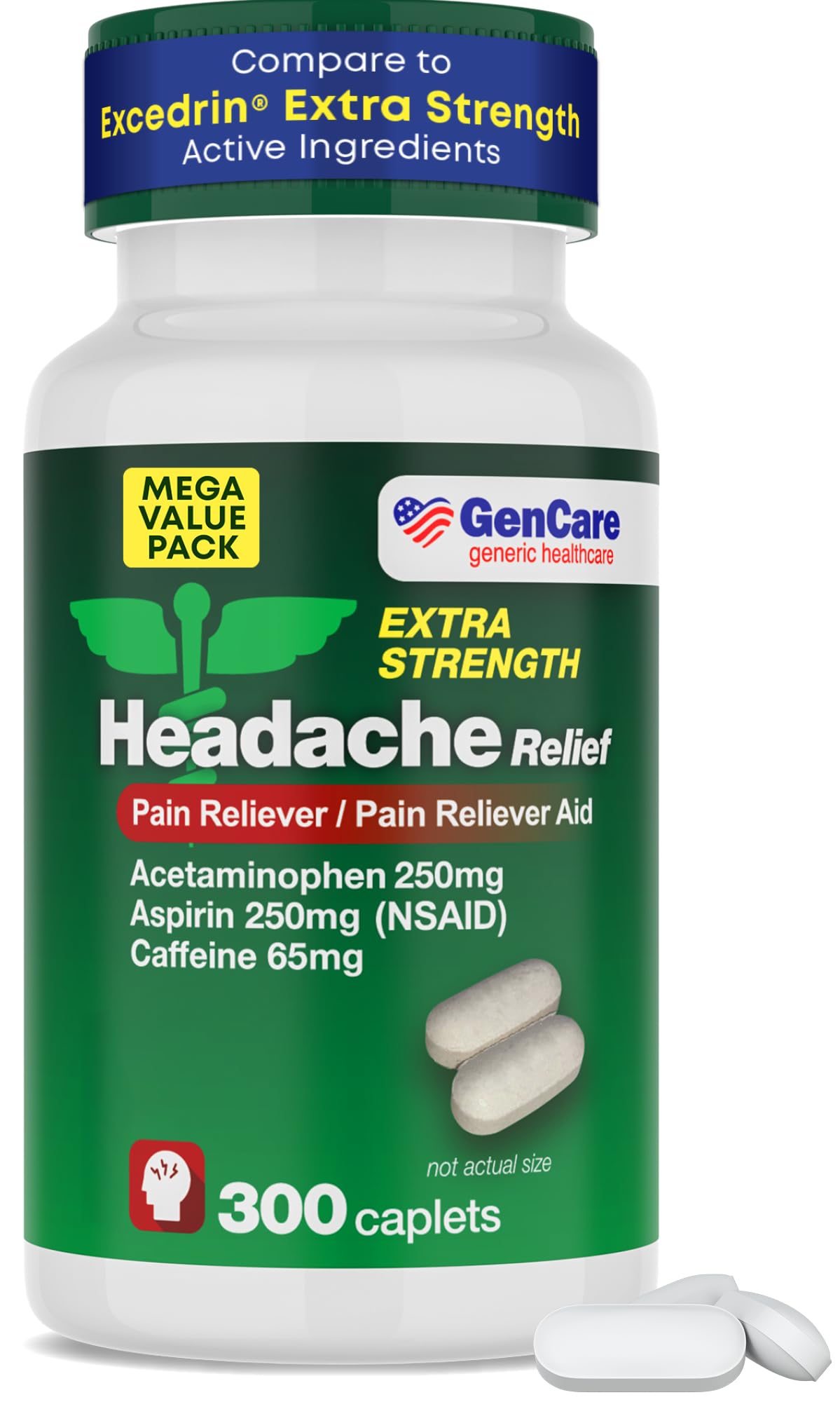 GenCare - Headache Relief Acetaminophen with Aspirin (NSAID) & Caffeine (300 Caplets) Value Pack | Head Pain, Muscle Aches, Back Pain & Body | Generic ExcedrEn Extra Strength GenCare buy supplements Au