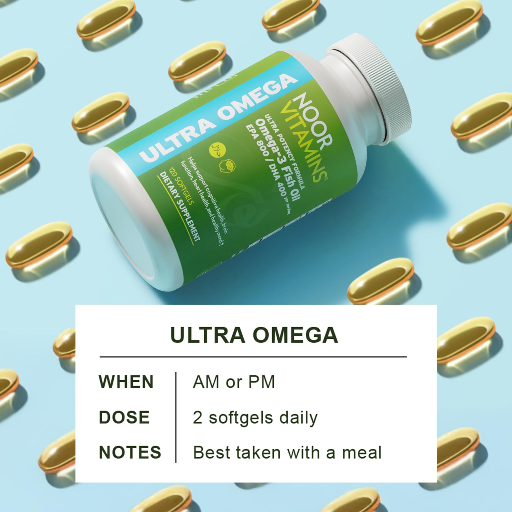 Noor Vitamins Halal Fish Oil, Halal Vitamins, Ultra Omega 3 Wild Peruvian Fish (800 mg EPA & 400 mg DHA) Heart, Brain & Joint Support, Non-GMO and Gluten Free (120 Count) Noor Vitamins buy supplements Au