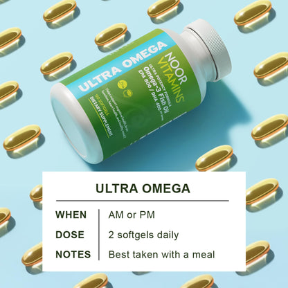 Noor Vitamins Halal Fish Oil, Halal Vitamins, Ultra Omega 3 Wild Peruvian Fish (800 mg EPA & 400 mg DHA) Heart, Brain & Joint Support, Non-GMO and Gluten Free (120 Count) Noor Vitamins buy supplements Au
