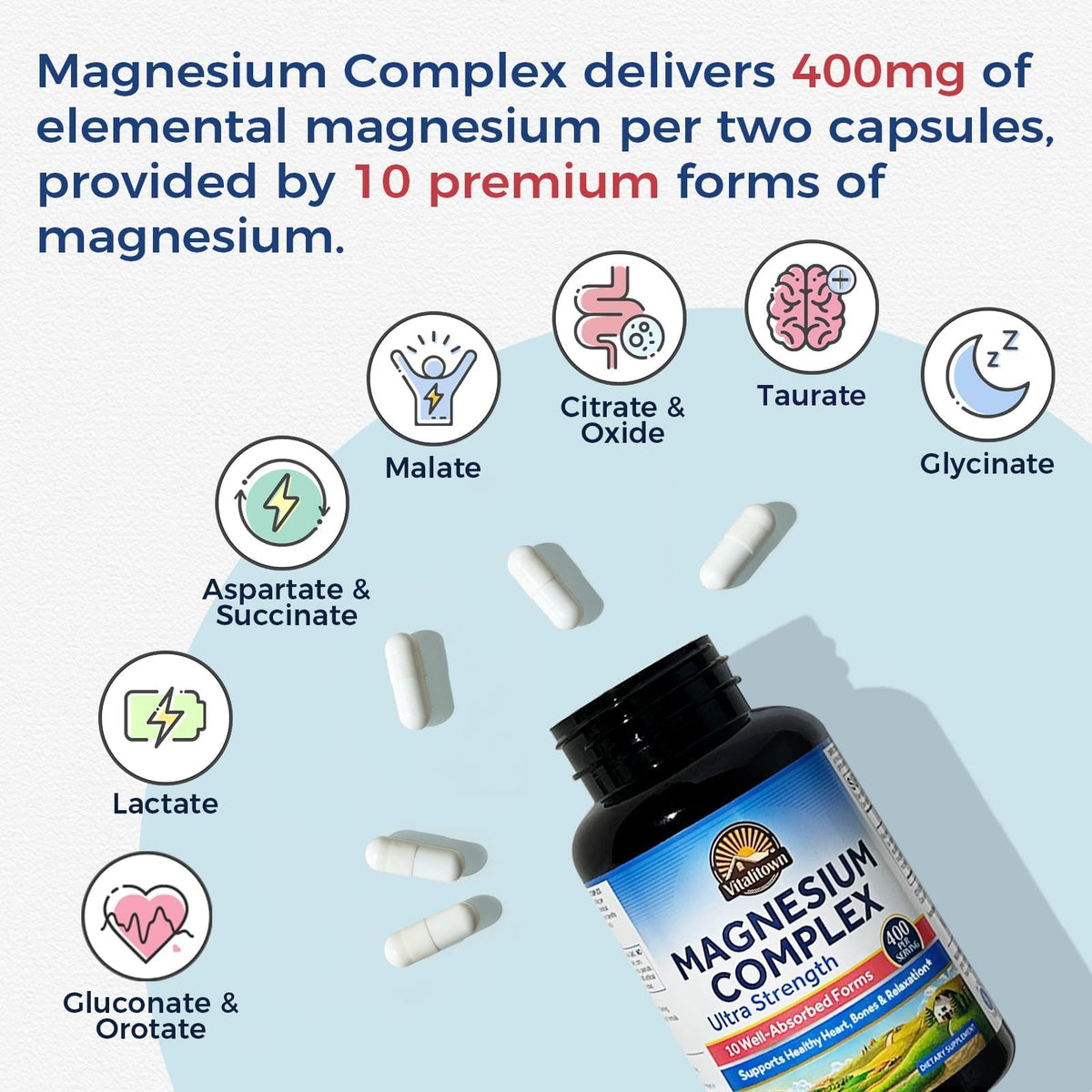 Vitalitown 10 in 1 Magnesium Complex Supplement - 400mg Elemental Magnesium Chelated with Glycinate, Citrate, Malate, Taurate & More - for Sleep Heart Energy - Non-GMO, Vegan, 90 Caps Vitalitown buy supplements Au