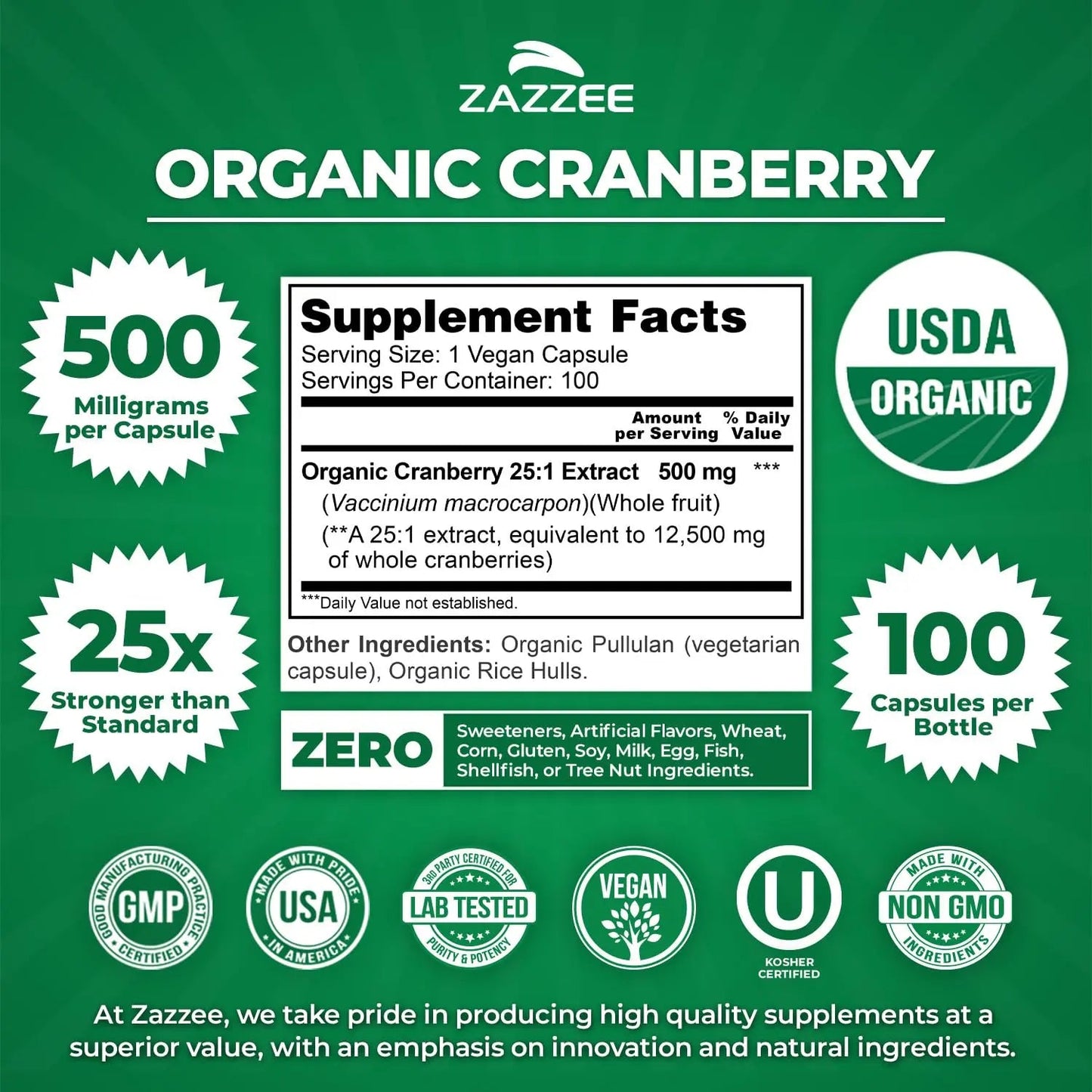 Zazzee USDA Organic Cranberry 25:1 Extract, 500 mg per Capsule, 100 Vegan Capsules, 3+ Month Supply, Certified Kosher, Vaccinium Macrocarpon, Urinary Tract & Bladder Support