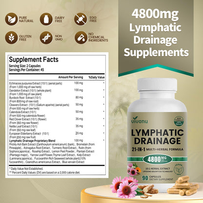 21-in-1 Liposome Lymphatic Drainage Supplements, 45 Day Supply, 4800mg Immune & Lymph System Support, 10:1 Concentrated Technology, Echinacea, Dandelion, Burdock, Bromelain, Calendula, 90 Capsules VivoNu buy supplements Au