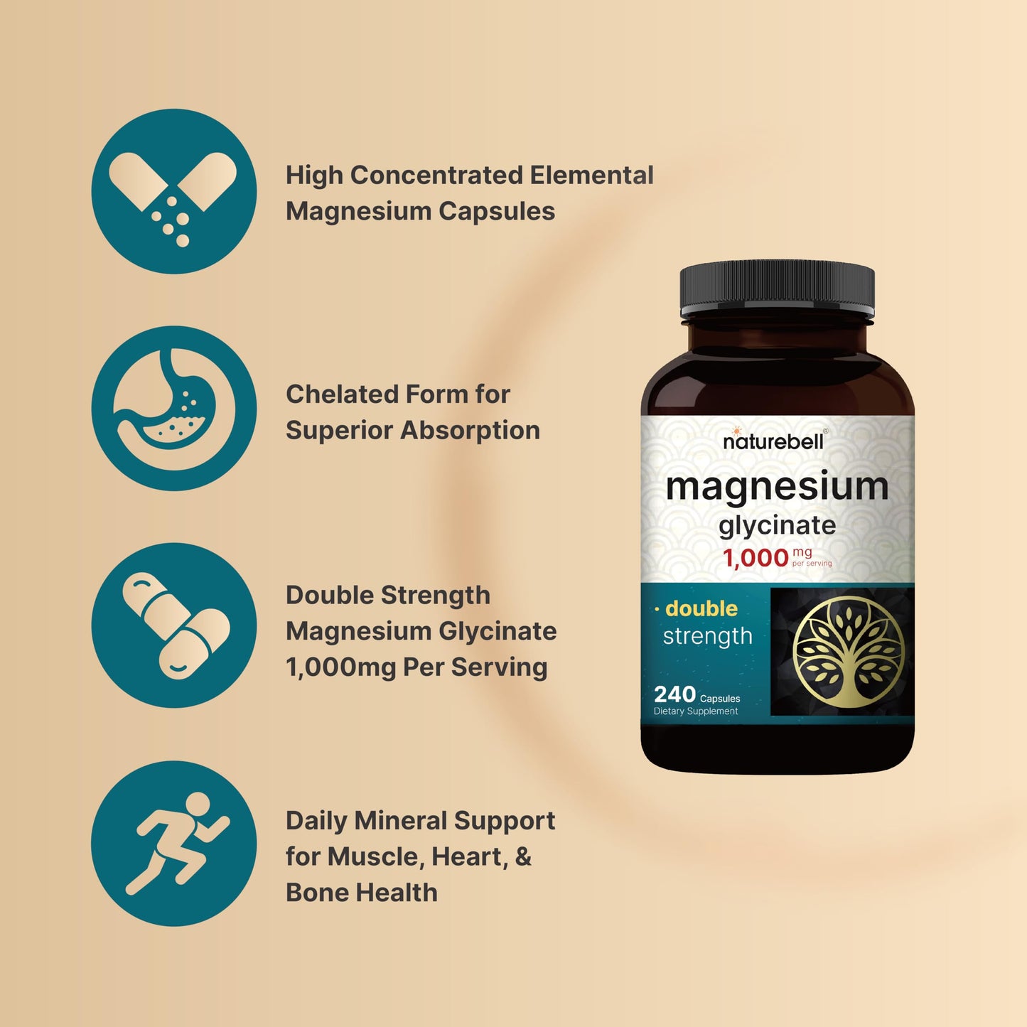 NatureBell Magnesium Glycinate 1,000mg, 240 Capsules | 500mg per Capsule | 100% Chelated & Purified | Sleep, Muscle & Nerve Support | Non-GMO, Gluten-Free NatureBellBuy Supplements Australia