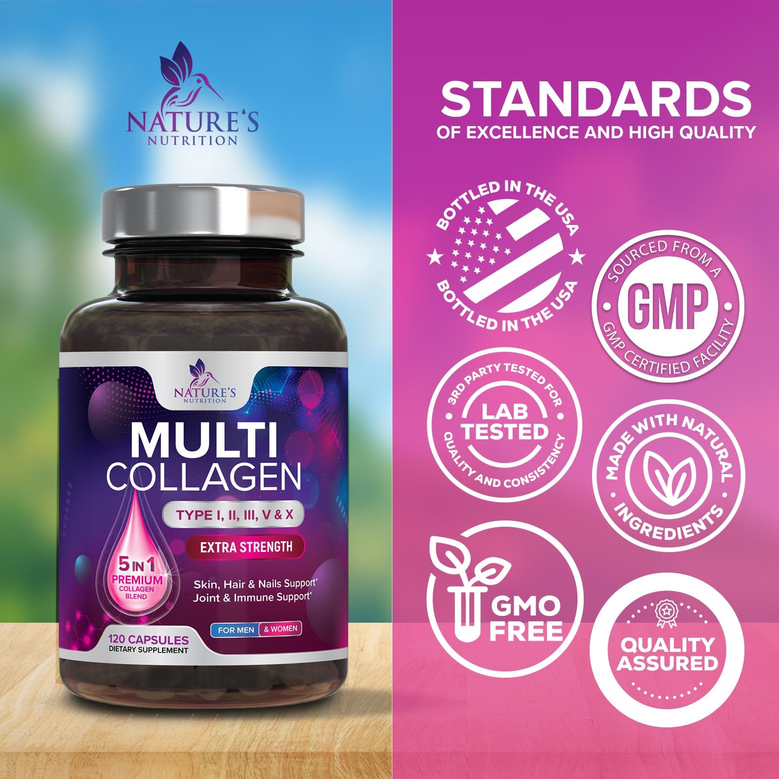 Multi Collagen Pills - Multi Collagen Complex 2400 mg Per Serving - Types I, II, III, V, X - Hydrolyzed Collagen Peptides Supplement - Hair, Skin & Nail Support - Bottled in the USA - 120 Capsules Nature's Nutrition buy supplements Au