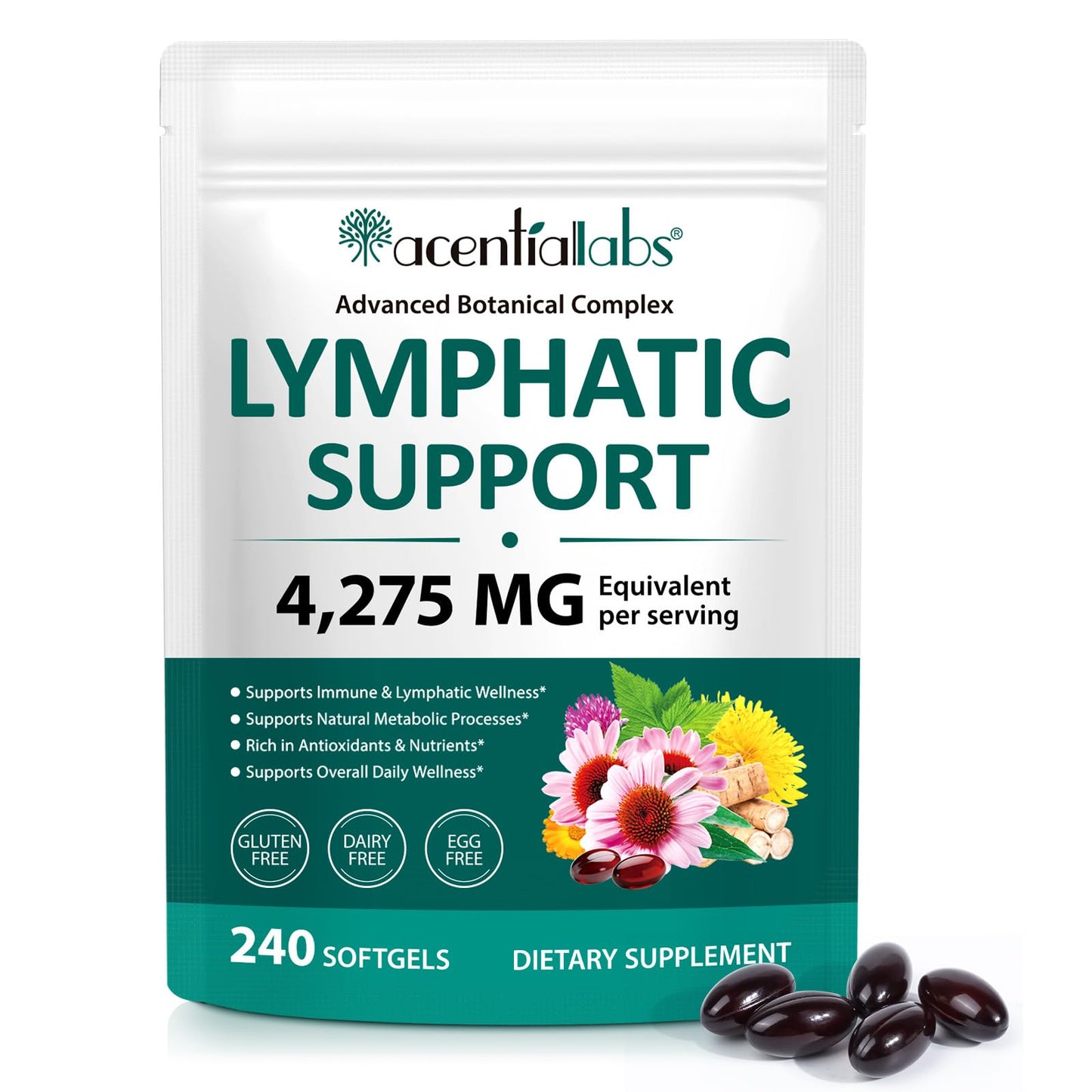 Lymphatic Drainage Supplements, 4275mg Lymph System Support for Women & Men, Herbal Lymphatic Complex with Dandelion, Burdock, Echinacea, Cleavers, Turmeric & Bromelain for Fluid Balance, 240 Capsules flasture buy supplements Au