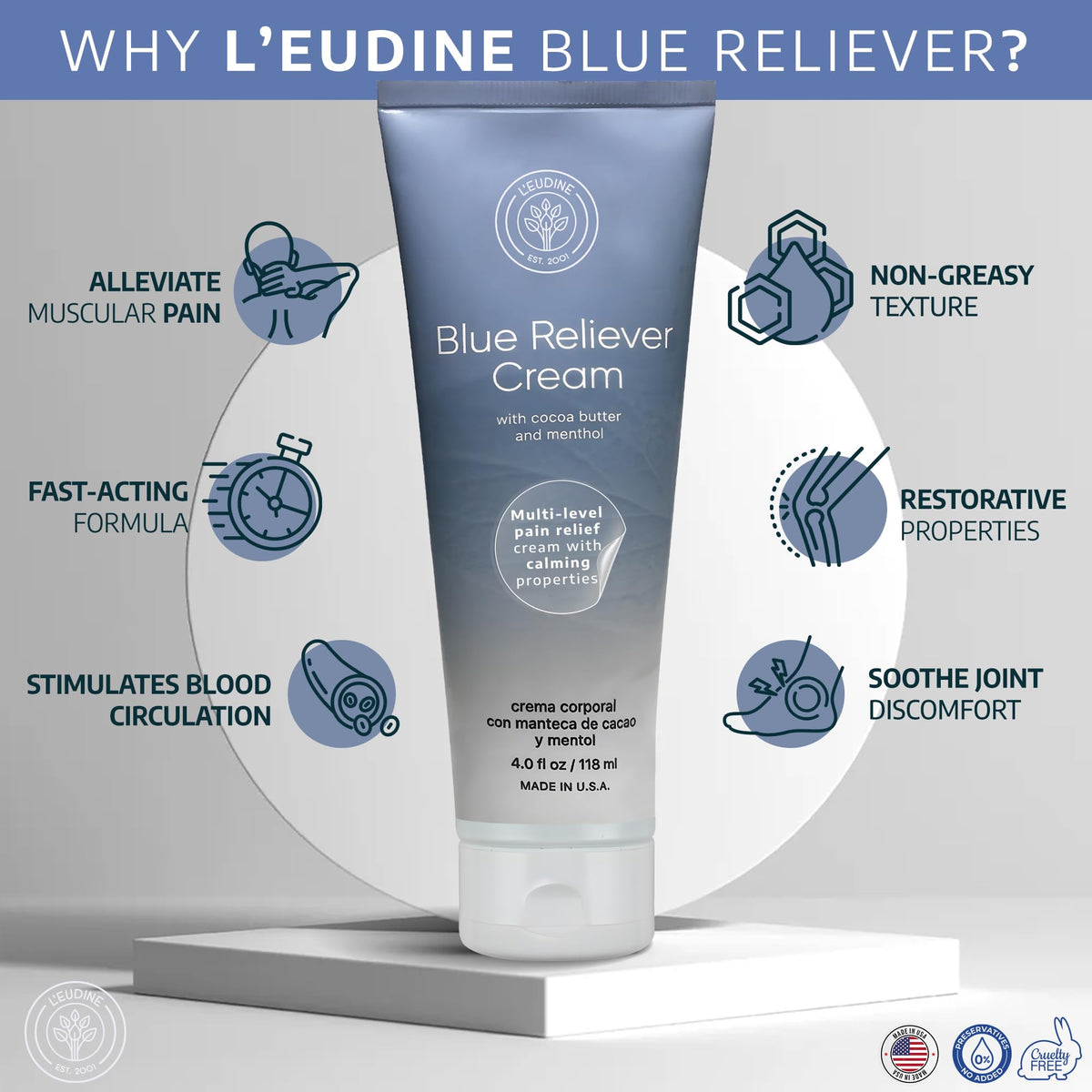 L'EUDINE Blue Reliever Cream – Joint and Muscle Therapy, Body Cream with Cocoa Butter and Menthol L'eudineBuy Supplements Australia