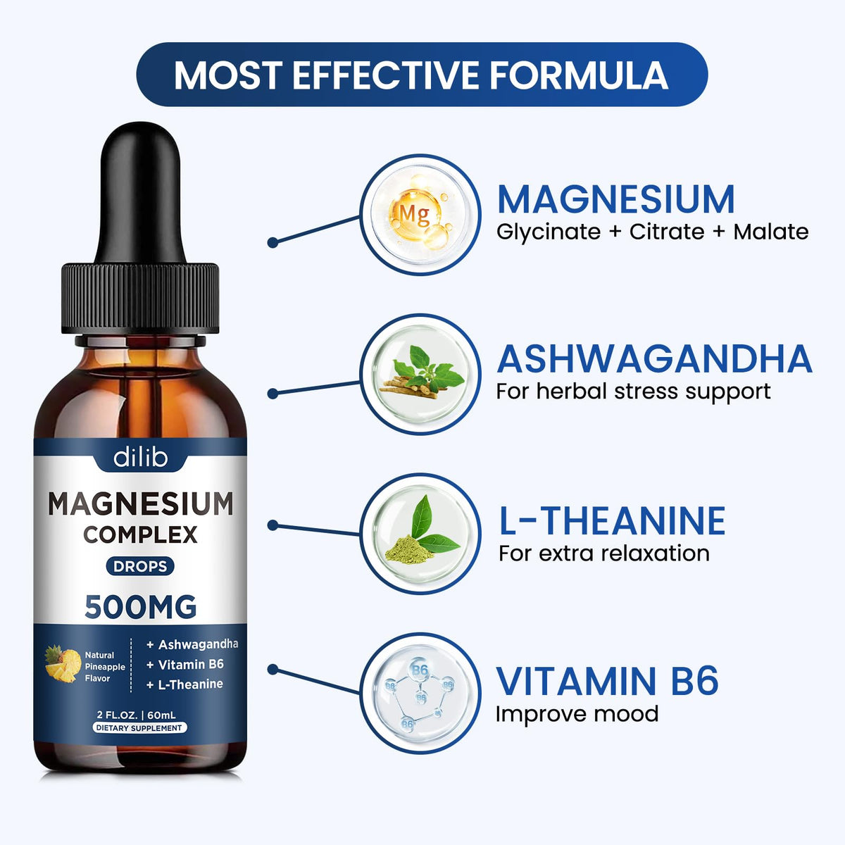 Triple Magnesium Complex Supplement-Magnesium Glycinate, Citrate, Malate Liquid Drops 500mg with Ashwagandha, L-Theanine, Vitamin B6 for Calm, Stress Relief, Sleep, Muscle Support-Pineapple Flavor dilib buy supplements Au
