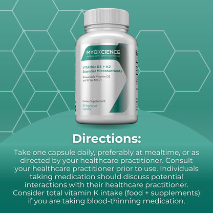 MYOXCIENCE Vitamin D3 + K2 Essential Micronutrients | Vitamin D3 5,000 IU | Vitamin K2 as MK-7 90 mcg (90 Vegetarian Capsules) MYOXCIENCE buy supplements Au