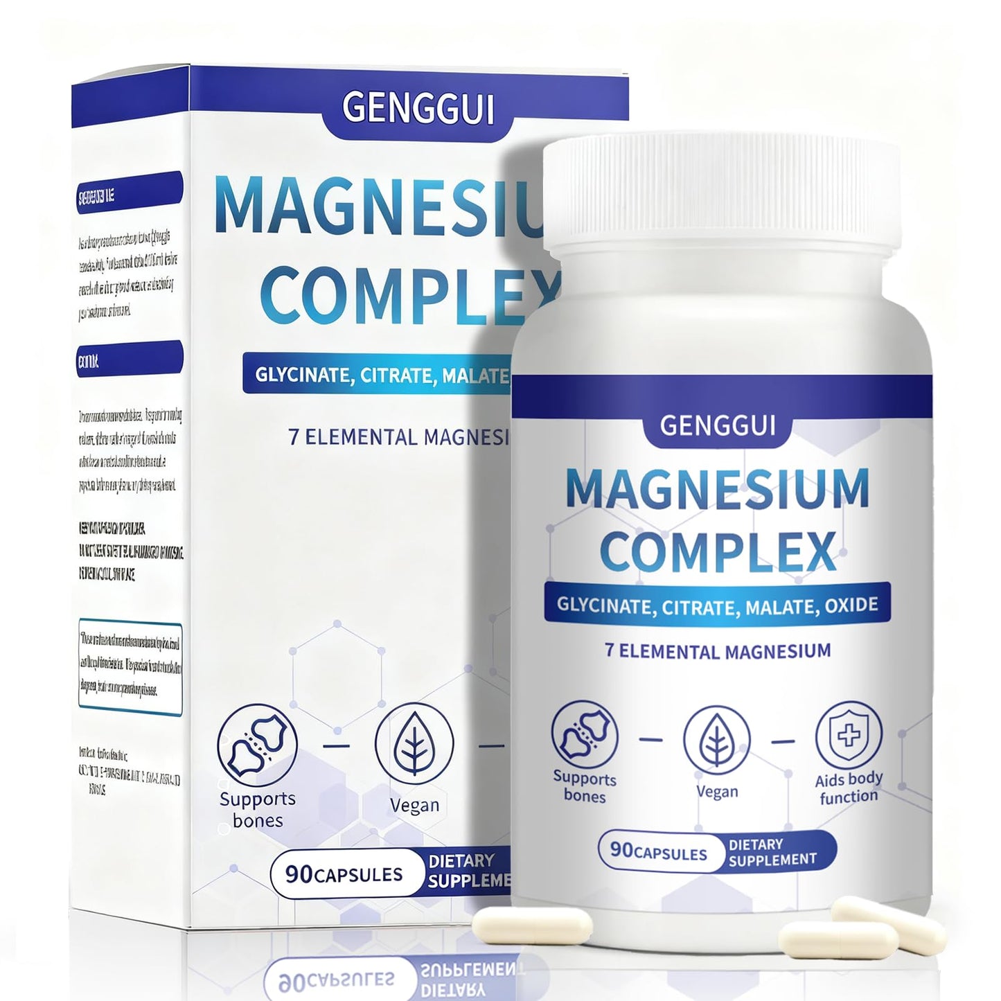 Genggui Magnesium Complex supplement bottle and packaging on a white background