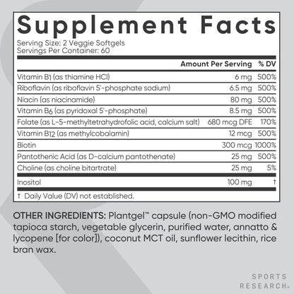 Sports Research® Vitamin B-Complex - Full Spectrum of B Vitamins with Methylated B12 & Folate - Gluten Free · Plant-Based · Non-GMO · Vegan-Friendly Formula - 120 Veggie Softgels Sports Research buy supplements Au
