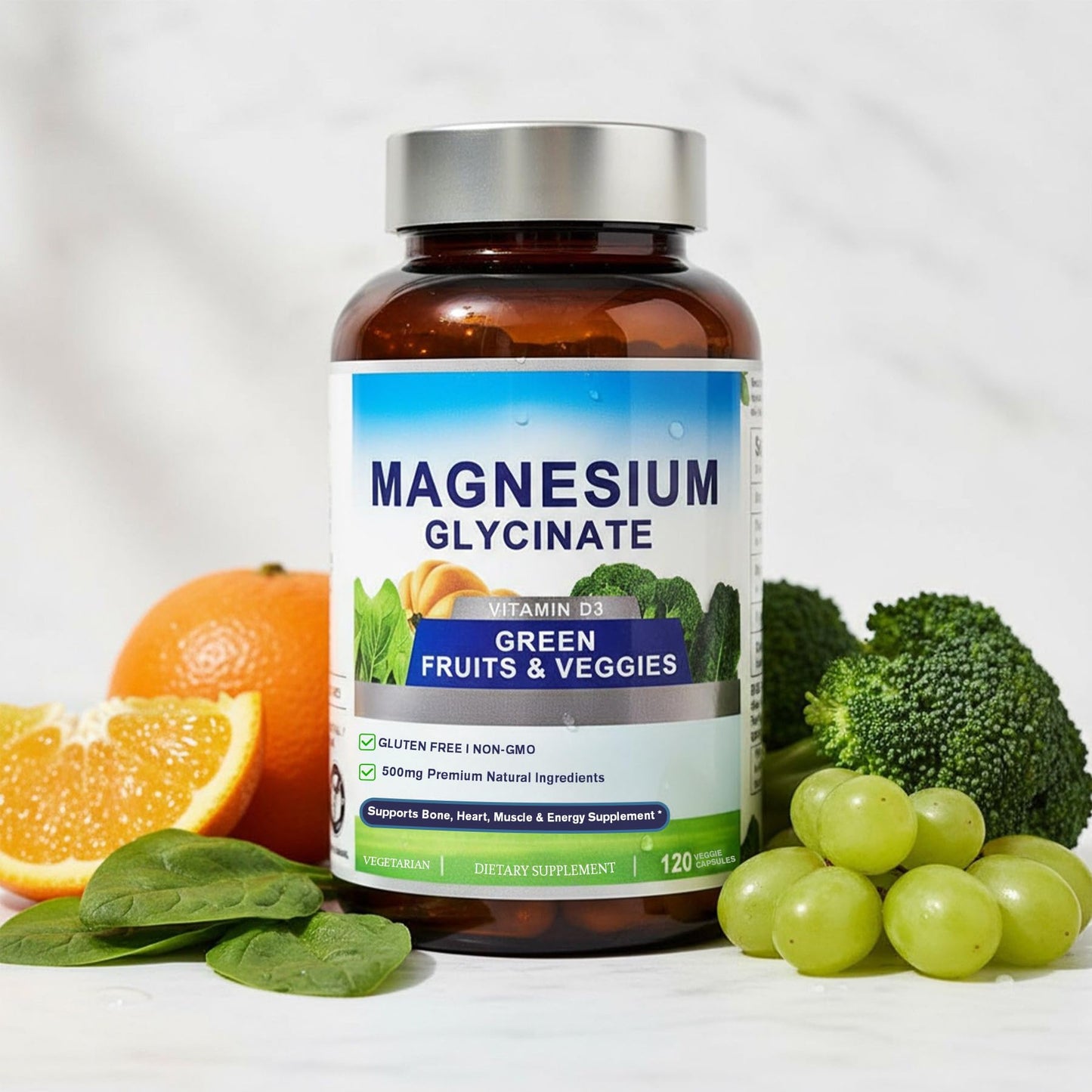Bottle of magnesium glycinate supplement with fruits and vegetables on a white background