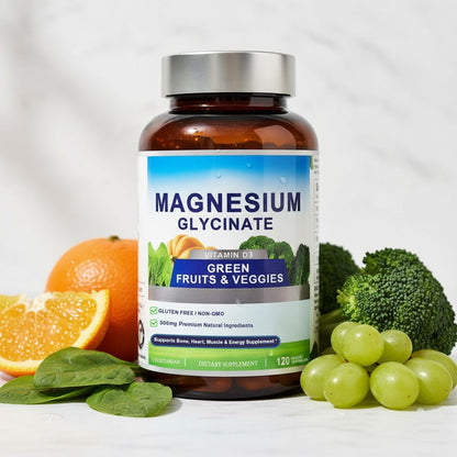Bottle of magnesium glycinate supplement with fruits and vegetables on a white background