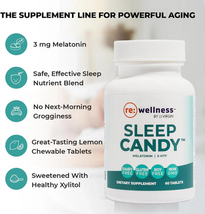 Reignite Wellness by JJ Virgin | Sleep Candy | Chewable 5-HTP Supplement with Inositol, Vitamin B6, Melatonin & L-Theanine for Adults | Lemon Flavor | 60 Tablets
