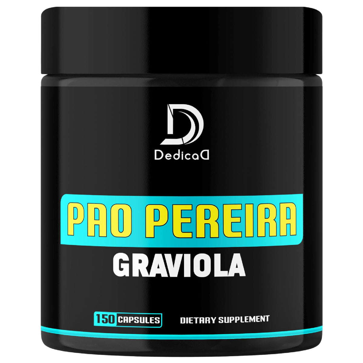 Black supplement container with 'Dedica' branding and 'Pao Pereira Graviola' text on a white background