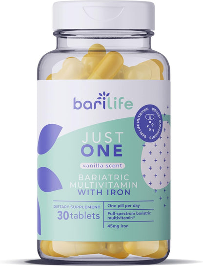 Bari Life Just One, Once Daily Bariatric Multivitamin with Iron (30 Tablets) and BariBurst Calcium Citrate Soft Chews for Gastric Bypass, Gastric Sleeve and Duodenal Switch (Sour Grape)