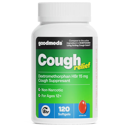 GoodMeds Cough Relief for Adults Softgels Dextromethorphan HBr (DXM) 15mg 8Hour, Non-Drowsy, Long-Lasting Bronchial Suppressant for Dry Cough and Chest Congestion (120 Count)