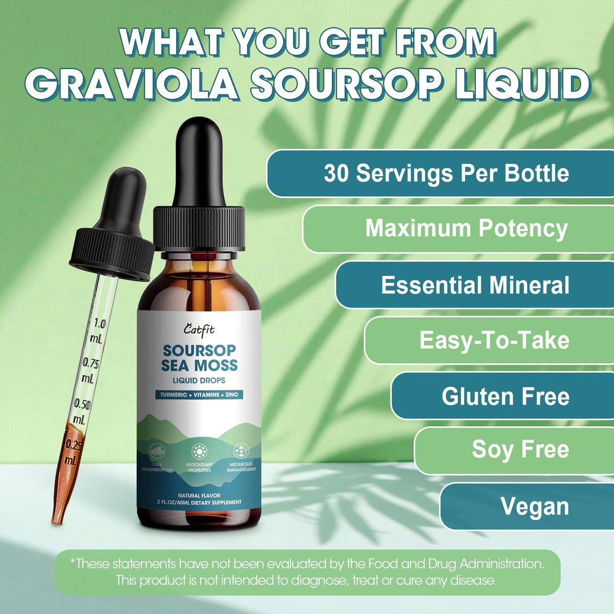 Catfit Soursop Graviola Liquid Drop – Soursop Drops for Cell Support, Antioxidant, Relaxation & Immune Boost with Sea Moss, Turmeric, Black Pepper, B6 C, Zinc, Sugar Free, Gluten Free, Vegan, 2 Fl Oz CatfitBuy Supplements Australia