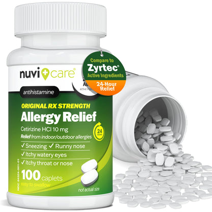 Nuvicare 24-Hour Allergy Medicine - Cetirizine Hydrochloride 10mg Tablets - Compare to the Active Ingredient in Zyrtec Antihistamine Meds - Generic Allergy Pills for All Day Allergy Relief (100 Count) NUVICARE buy supplements Au