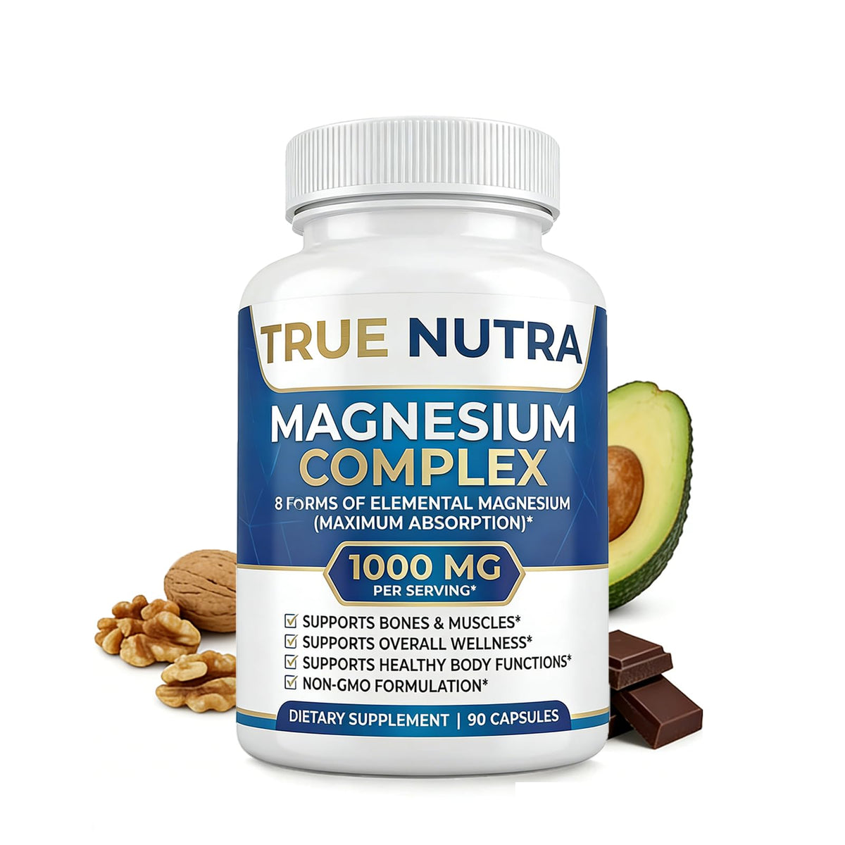 True Nutra Magnesium Complex supplement bottle with avocado, nuts, and chocolate on a white background