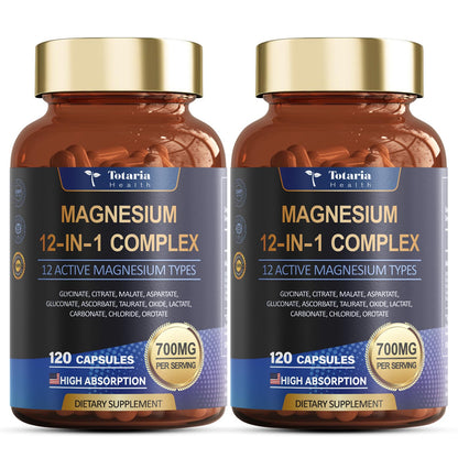 Two bottles of Totaria Health Magnesium 12-in-1 Complex dietary supplement on a white background.